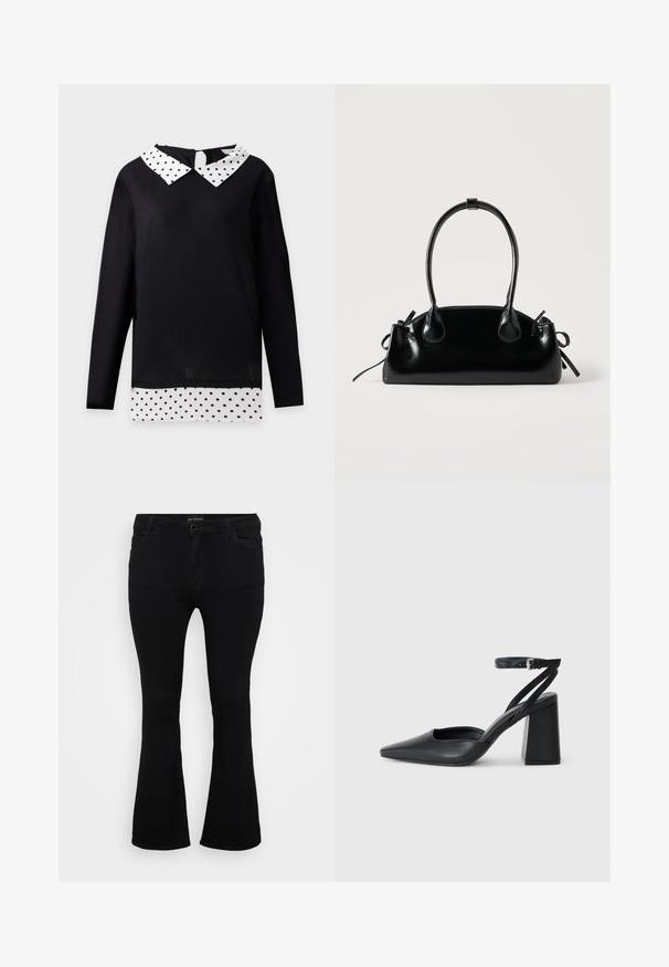Schwarzes langärmliges Oberteil mit weißem Kragen und Saum mit schwarzen Punkten, gestaltet, um wie ein geschichtetes Hemd auszusehen.; Schwarze Schlagjeans aus Denim mit Knopfverschluss, fünf Taschen und einer glatten Textur. Klassisches Design mit ausgestellt geschnittenem Saum.; Schwarze Leder-Pumps mit spitzer Zehe, einem Knöchelriemen und einem blockigen Absatz. Flache Textur, elegantes Design und minimalistische Ästhetik.; Kleine schwarze glänzende Handtasche mit zwei langen Griffen und seitlichen Kordelzug-Details vor einfachem hellem Hintergrund.