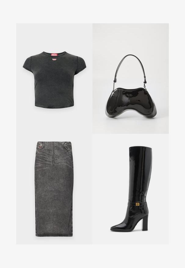 Sort, cropped t-shirt lavet af bomuld med rund halsudskæring og korte ærmer. Har et lille rødt logo og en falmet struktur.; Grå denim midi-skjørt med vertikale striber, med høj talje, fem lomme-design og en ren kant.; Knæhøje sorte patentlæderstøvler med spids tå, guld hardware detaljer og en chunky hæl. Glat, skinnende overflade med minimal pynt.; Sort patentlæder håndtaske med en unik buet form, kort justerbar hank og en lynlåslukning i toppen. Glat tekstur med diskret branding.