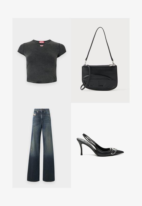 Sort, cropped t-shirt lavet af bomuld med rund halsudskæring og korte ærmer. Har et lille rødt logo og en falmet struktur.; Vidde ben jeans i mørkeblå med en falmet finish, med et slidt knæ og et klassisk fem-lomme design med et mærke.; Sorte slingback højhælede sko med spids tå, der har en skinnende sølvspænde detalje og en slank hæl. Glat lædertekstur, minimalistisk design.; Sort lædertaske med en lang rem, der har en glat overflade og præget design. Lynlåslukning langs toppen.