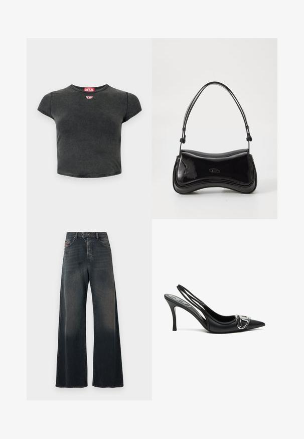 Sort, cropped t-shirt lavet af bomuld med rund halsudskæring og korte ærmer. Har et lille rødt logo og en falmet struktur.; Vidbenede jeans i mørk vaskede denim med en diskret falmet tekstur, der har en knapgylp og baglommer med syningsdetaljer.; Sorte slingback højhælede sko med spids tå, der har en skinnende sølvspænde detalje og en slank hæl. Glat lædertekstur, minimalistisk design.; Sort patentlæder håndtaske med en buet form, et enkelt håndtag og en rund bund. Har en subtil logo-detalje på forsiden.