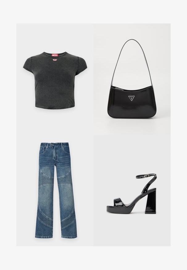 Schwarzes, kurz geschnittenes T-Shirt aus Baumwolle mit rundem Ausschnitt und kurzen Ärmeln. Besitzt ein kleines rotes Logo und eine verblasste Textur.; Hochtaillierte blaue Jeans aus Denim mit weitem Bein, versehen mit geschwungenen Nahtdetails und gerippten Teilen im unteren Bereich. Lässiger Stil.; Schwarze Lackleder-Plateausandale mit klobigem hohen Absatz und Riemen mit Schnalle am Knöchel auf weißem Hintergrund.; Schwarze patentierte Leder-Schultertasche mit geschwungener Form, ausgestattet mit einem silbernen Dreieckslogo und einem Reißverschluss. Glatte Textur und schmaler Riemen.