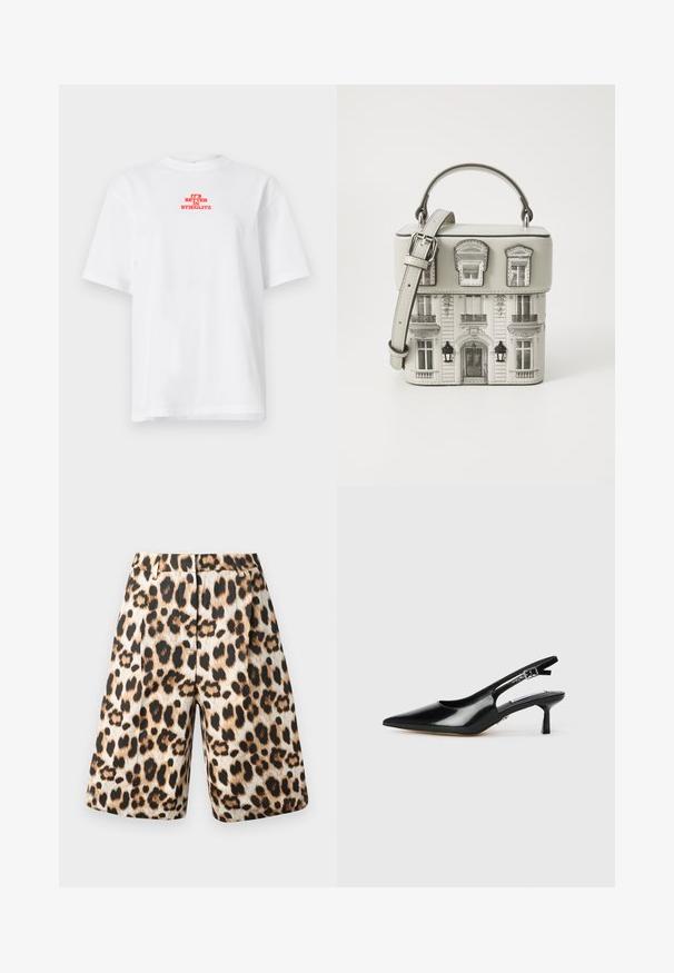Camiseta blanca de manga corta con texto rojo "IT'S BETTER IN STIEGLITZ" centrado cerca del pecho superior.; Pantalones cortos con estampado de leopardo que presentan una mezcla de tonos beige y negro, diseño con pliegues y bolsillos laterales. Fabricados en una tela suave con un acabado brillante.; Tacones slingback de charol negro con punta afilada, tacón delgado y correa ajustable con hebilla. Textura suave con un detalle mínimo.; Bolso de mano de forma cuadrada en cuero sintético de color gris claro, con un estampado arquitectónico detallado, herrajes en tono plateado y una correa de hombro desmontable.