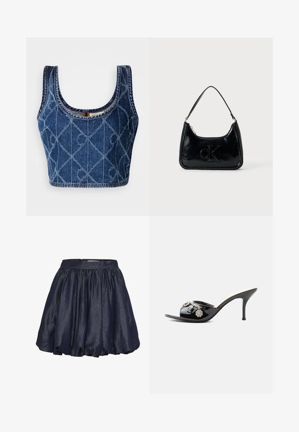 Denim crop top met een ronde hals, voorzien van een diamanten patroon geborduurd in lichter blauw, en afgewerkte randen met contrasterende draad.; Marineblauwe satijnen rok met een elastische tailleband, geraffineerde plooien en een licht uitlopende snit. Zachte textuur met een gladde glans.; Zwarte lakleren mule met hoge hak, open teen en decoratieve zilveren bedels, waaronder een bloem en hangslot op de voorste band.; Zwarte gepatenteerde leren handtas met een gebogen bovenhandgreep, ritsafsluiting en reliëf "cK" logo aan de voorkant. Gladde textuur, gestructureerde vorm.