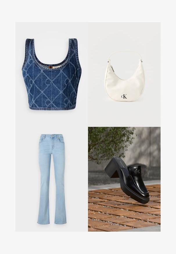 Top court en jean avec un décolleté en scoop, présentant un motif en diamant cousu dans un bleu plus clair, et des bords finis avec un fil contrastant.; Jeans évasés bleu clair en denim, présentant une taille haute, cinq poches, un bouton à l'avant et des détails de couture minimaux.; Mule slip-on en cuir noir Calvin Klein avec talon bloc reposant sur des carreaux en bois à l'extérieur près d'une plante verte et d'un mur gris.; Petit sac à main blanc en forme de croissant avec une courte bandoulière, fermeture éclair et logo "cK" noir sur le devant.
