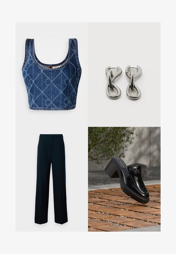 Top court en jean avec un décolleté en scoop, présentant un motif en diamant cousu dans un bleu plus clair, et des bords finis avec un fil contrastant.; Pantalons larges noirs en tissu lisse, avec une taille haute, des plis avant et un design épuré et minimal.; Mule slip-on en cuir noir Calvin Klein avec talon bloc reposant sur des carreaux en bois à l'extérieur près d'une plante verte et d'un mur gris.; Paire de boucles d'oreilles en métal argenté avec un motif abstrait d'anneaux entrelacés sur fond blanc.