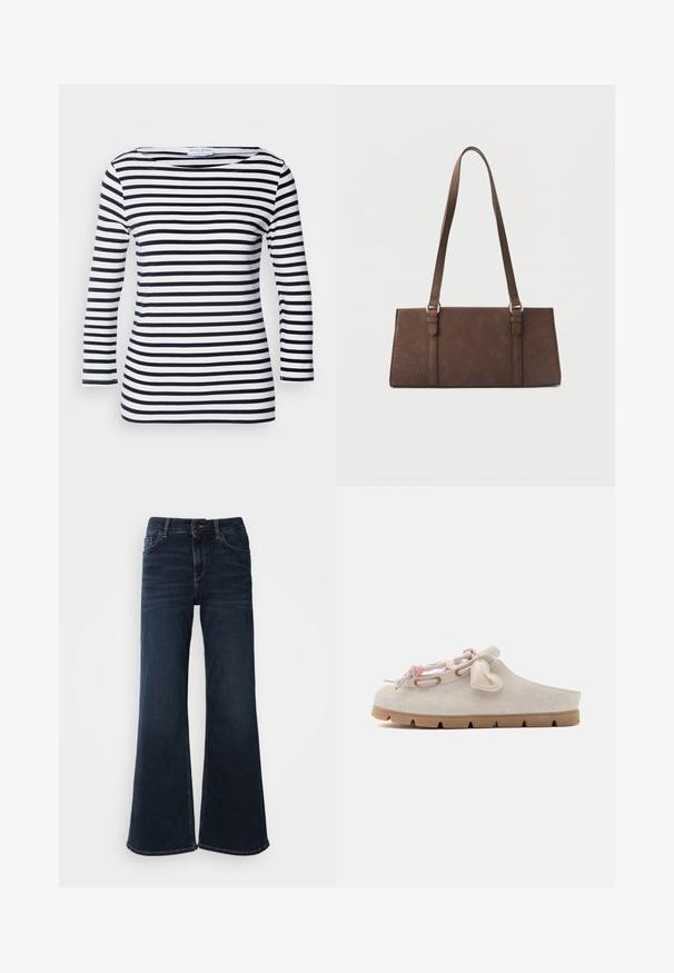 Top de manga larga a rayas en azul marino y blanco con un escote amplio y tejido suave y elástico. Presenta rayas horizontales uniformes en toda su extensión.; Mos Mosh HERA - Vaqueros a campana - dark blue; Zapato beige tipo slip-on con suela marrón, cordones de cuerda rosa y blanca pasados por ojales dorados y una etiqueta en forma de corazón adjunta.; Bolso marrón rectangular de hombro con correas largas y detalles mínimos de costura sobre un fondo liso.