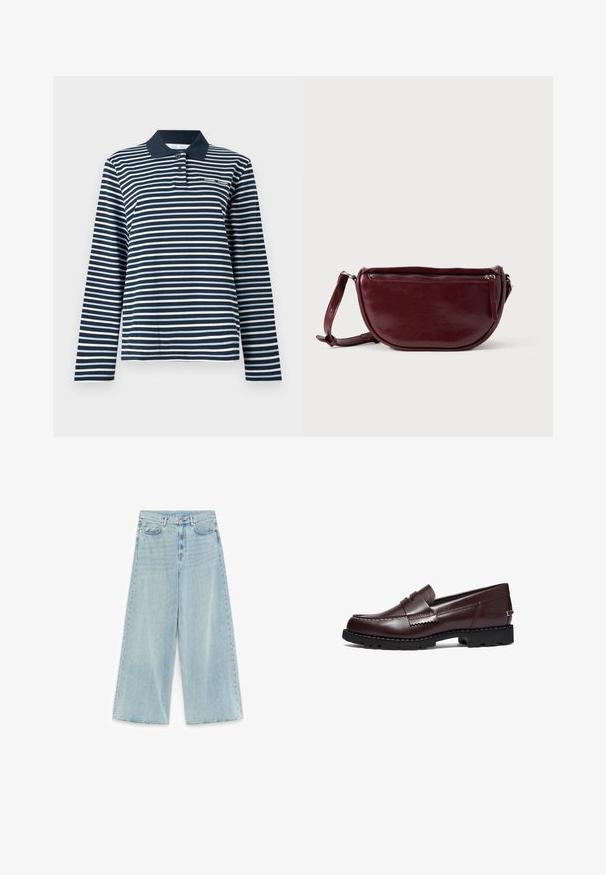 Langærmet polo i marineblå og hvide striber, bomuldsmateriale, med en knappet krave og et lille logo på brystet.; Lyseblå vidbenede jeans i denim med høj talje, frontknap- og lynlåslukning samt fem-lomme-design.; Timberland Loafers - burgundy; Vinrød læderhåndtaske med halvmåneform, lynlås og aftagelig rem. Glat tekstur med en subtil glans.