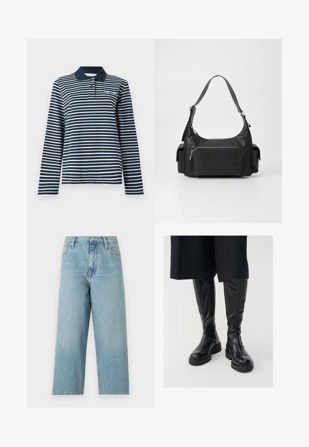 Langærmet polo i marineblå og hvide striber, bomuldsmateriale, med en knappet krave og et lille logo på brystet.; Lyseblå jeans med høj talje og vide ben, forrest med lommer, bæltestropper og lukning med metalknap.; Sorte læder knæhøje støvler med en glat tekstur, kraftige såler og side-lynlåse. Designet har diskrete sømdetaljer.; Sort læder skuldertaske med en rund form, lynlåslomme foran og to sidelommer. Har en enkelt justerbar skulderrem.