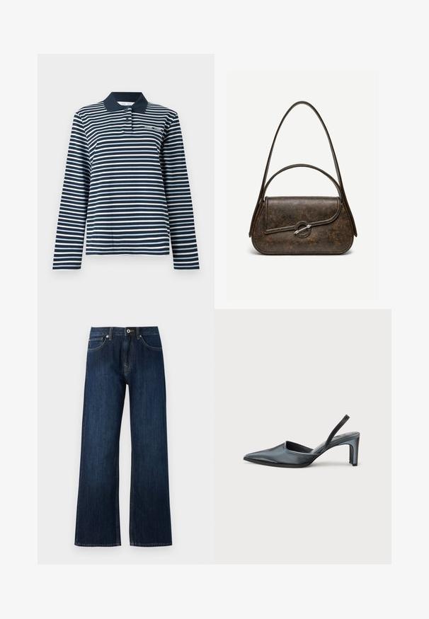 Polo de manga larga en rayas azul marino y blanco, de algodón, con cuello abotonado y un pequeño logo en el pecho.; Pantalones vaqueros de pierna ancha de color azul oscuro, hechos de denim, con cremallera, cierre de botón y dos bolsillos frontales con costuras en contraste.; Tacón destalonado negro con punta puntiaguda, acabado de satén elegante y tacón delgado de 3 pulgadas. Diseño lateral abierto con detalle mínimo de costuras.; Bolso de cuero texturizado marrón oscuro con dos asas, forma rectangular redondeada y cierre de broche circular plateado en la solapa frontal.