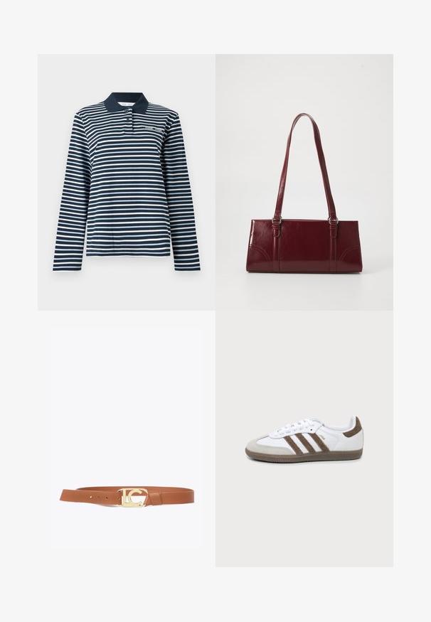 Poloshirt met lange mouwen in marineblauw en witte strepen, gemaakt van katoen, met een knoopsluiting bij de kraag en een klein logo op de borst.; Bruine leren riem met een gesp in goudkleur met een uitgesneden logoontwerp. Gladde textuur, met verstelgaatjes voor maatvoering.; Witte en bruine Adidas Samba sneaker met drie bruine strepen, veters en een textuurs van boven- tot zool, getoond vanaf de zijkant op een effen achtergrond.; Bourgondische handtas van glanzend materiaal, rechthoekige vorm, met twee schouderbanden en subtiele gebogen accenten aan de voorkant.