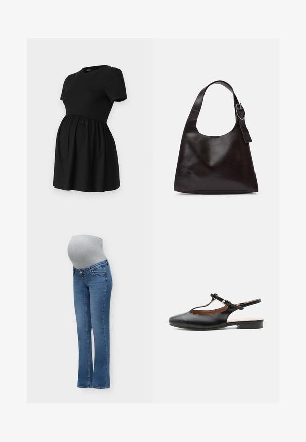 ONLY MATERNITY Peplum OLMMALAYA Peplum - Βασικό μπλουζάκι - black; Μπλε τζιν εγκυμοσύνης με γκρι ελαστικό πάνελ στην κοιλιά σχεδιασμένο να εφαρμόζει πάνω σε έγκυο κοιλιά για άνεση και υποστήριξη.; Μαύρο δερμάτινο flat slingback παπούτσι με T-λαιμόκοψη και χρυσή αγκράφα σε ουδέτερο φόντο.; Καφέ δερμάτινη τσάντα ώμου με λεία υφή, στρογγυλή μορφή, φαρδύ λουρί και κυκλικό μεταλλικό στοιχείο στη λαβή.