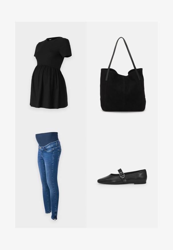 ONLY MATERNITY Peplum OLMMALAYA Peplum - T-shirt basic - black; Zwangerschapsjeans in donkerblauwe denim. Slim fit met een rekbare, ondersteunende buikband. Voorzien van zijritsen bij de enkel.; Zwarte leren platte schoen met een ronde neus, een enkele verstelbare gespsluiting en een gladde, glanzende textuur. Minimalistisch ontwerp met een lage hak.; Zwarte suede tote bag met twee lange, platte leren handvatten. Heeft een gebogen bovenrand en zichtbare stiksels aan de voorkant. Geen hardware-accenten.