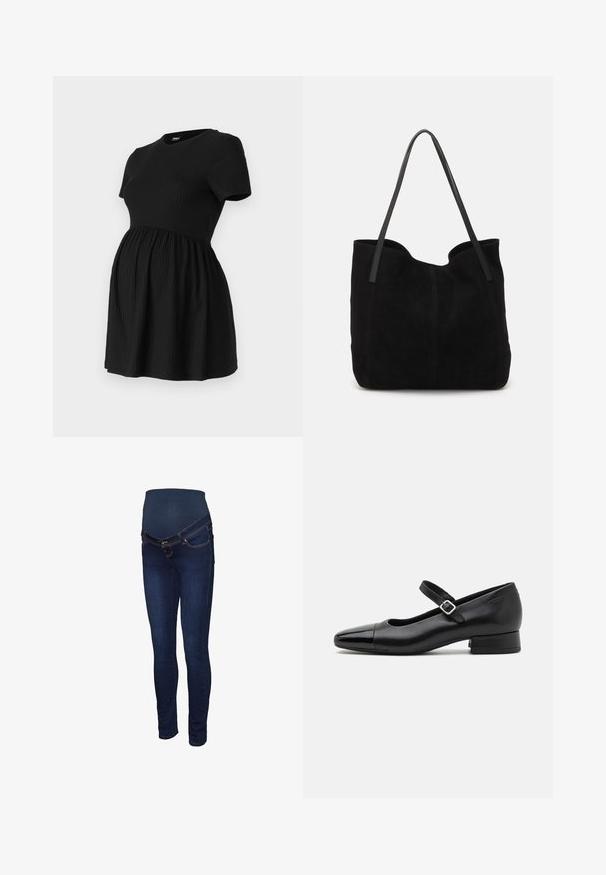 ONLY MATERNITY Peplum OLMMALAYA Peplum - T-shirts basic - black; Mørkeblå graviditetsjeans med et strækbart panel ved taljen, slank pasform og klassisk fem-lomme design med kontrastsyninger.; Sorte læder Mary Jane-sko med en patenttå, justerbar ankelrem og lav blokhæl. Glat tekstur og strømlinet design.; Sort ruskinds totemed med to lange, flade læderremme. Har en buet topkant og synlige stikninger langs forsiden. Ingen hardware-dekorationer.