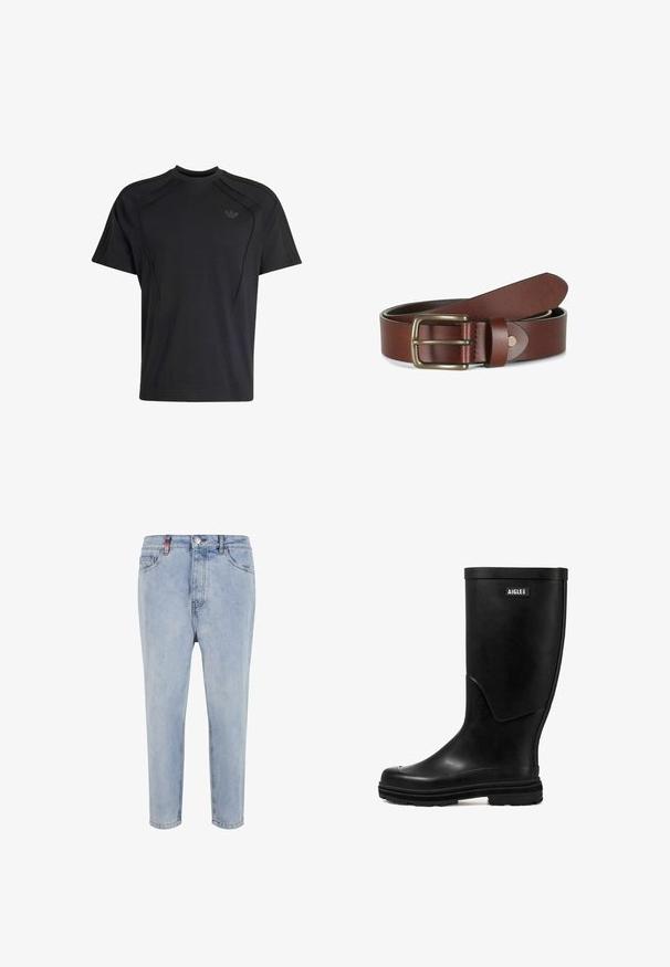 Schwarzes Adidas T-Shirt mit kurzen Ärmeln und Rundhalsausschnitt, dezentem Markenlogo auf der Brust und abgenähten Paneeldetails an Schultern und Seiten.; Helle blaue Denim-Jeans mit hoher Taille, geradem Bein und Fünf-Taschen-Design. Verfügt über einen Knopfverschluss und dezente Ausbleichungen.; Schwarzer Gummi-Regenstiefel mit glatter Textur, runder Zehenform und einem Logo-Patch. Verfügt über eine mittelhohe Schafthöhe und eine strukturierte Sohle für besseren Halt.; Brauner Ledergürtel aufgerollt mit einer rechteckigen Messingschnalle und einer abgesteppten Gürtelschlaufe auf weißem Hintergrund.