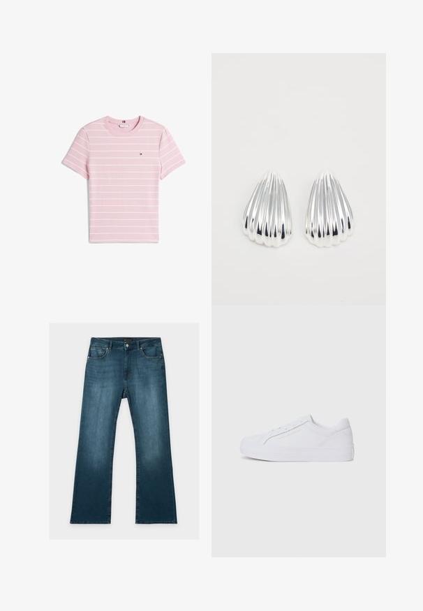 Roze gestreept T-shirt met witte horizontale strepen, ronde hals, korte mouwen, gemaakt van een zachte katoenmix, met een klein logo op de borst.; Blauwe jeans met rechte pijpen, voor- en achterzakken, knoop- en ritssluiting, en subtiele vervaagde details op dijen en knieën.; Tommy Hilfiger TH PLATFORM - Sneakers laag - white; Een paar glanzende zilveren, geribbelde schelpvormige oorbellen op een plain witte achtergrond, met reflecterende en gladde oppervlakken.