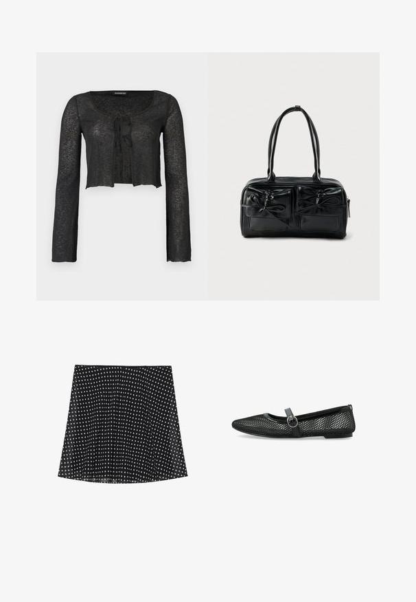 Sort gennemsigtig cropped cardigan med lange ærmer, bindelukninger foran og rund halsudskæring fra Even&Odd.; Sort nederdel med hvide prikker, der har plisseringer og en glat overflade. Den har en buet kant og et simpelt taljebånddesign.; Sorte mesh balletflade har en rund tå, en tynd rem med spænde og en flad sål. Overdelen har et geometrisk mønster for ventilation.; Sort læderhåndtaske med to frontlommer og sløjfedetaljer, med solide håndtag og en struktureret rektangulær form.