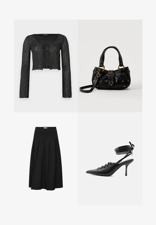 Zwarte doorschijnende cropped cardigan met lange mouwen, vooraan gestrikt en met een ronde halslijn van Even&Odd.; Zwarte plissé midi rok gemaakt van gladde stof. Heeft een hoge taille en een vloeiende silhouet met netjes gestikte plooien.; Zwarte pumps met spitse neus en hoge hak, met veters aan de voorkant en riempjes die rond de enkel wikkelen en zijn gestrikt in een strik, gezien vanaf de zijkant tegen een witte achtergrond.; Zwarte leren handtas met gouden gesp en klinknagel details, korte handvatten en een verstelbare schouderriem op een effen witte achtergrond.
