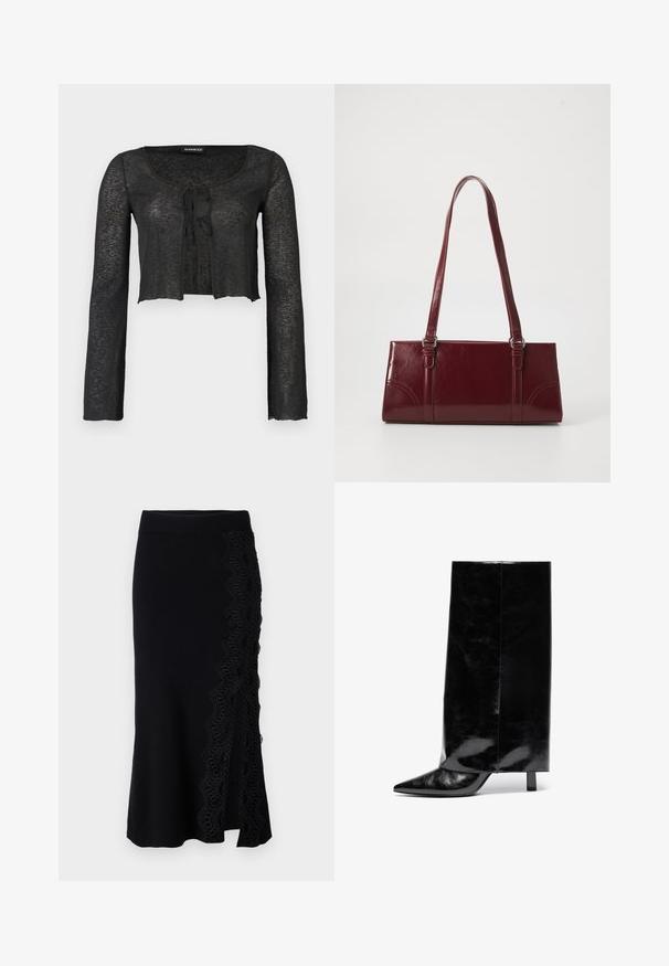 Zwarte doorschijnende cropped cardigan met lange mouwen, vooraan gestrikt en met een ronde halslijn van Even&Odd.; Zwarte gebreide rok met een golvende kantafwerking aan de zijkant. De zoom is licht uitlopend en de tailleband is glad en aansluitend.; Zwarte leren enkelboot met puntschoen en blokhak, met een hoge, glanzende schacht en een gestructureerde afwerking op het onderste gedeelte.; Bourgondische handtas van glanzend materiaal, rechthoekige vorm, met twee schouderbanden en subtiele gebogen accenten aan de voorkant.