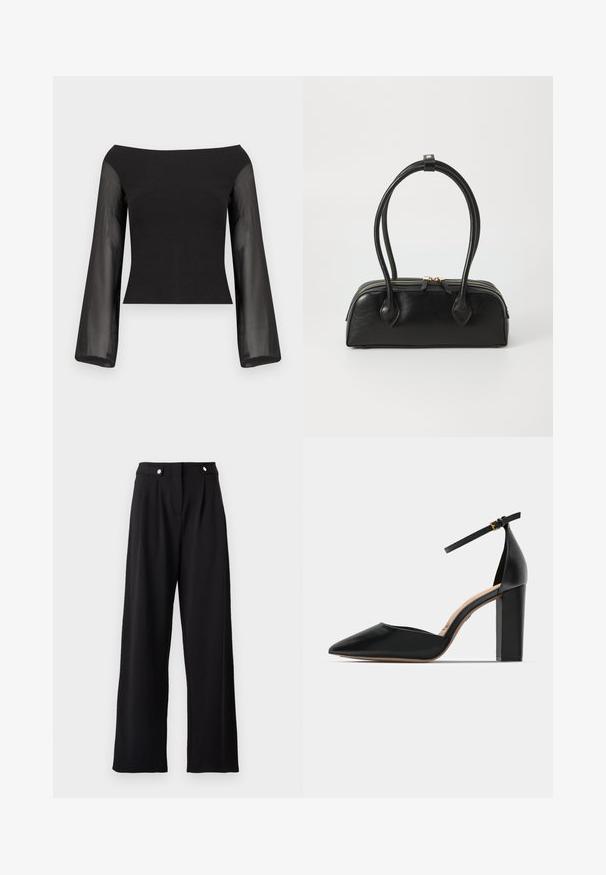 Sort off-shoulder top med tætsiddende bodice og gennemsigtige lange klokkeærmer, vist mod en ensfarvet hvid baggrund.; Sorte vidde bukser med en glat tekstur, der har høj talje, fejre folder og metalknapdetaljer.; Sorte læder højhælede sko med ankelrem, spids tå og firkantet chunky hæl. Glat tekstur med et minimalistisk design.; Sort læder håndtaske med to langstrakte håndtag, lynlåslukning og afrundet form; glat tekstur med en subtil blank finish.