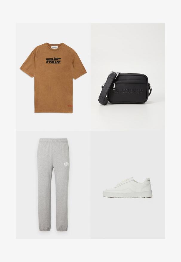 Braunes Baumwoll-T-Shirt mit einem schwarzen Grafikdruck und dem Text "ITALY". Rundhalsausschnitt mit kurzen Ärmeln und Logodetail am Saum.; Graue Baumwoll-Sweatpants mit elastischem Bund und zulaufenden Beinen. Besitzt ein weißes Logo auf dem linken Oberschenkel. Glatte Textur.; Weiße Ledersneaker mit glatter Oberfläche, runder Zehenpartie, flachen Schnürsenkeln und strukturiertem Sohlenprofil. Mit einem dezenten Logo an der Ferse.; Schwarze Leder-Crossbody-Tasche mit geprägt Logo, Reißverschluss, verstellbarem Tragegurt und strukturierter Oberfläche. Kompakte rechteckige Form.