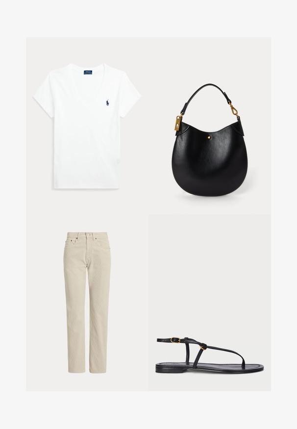 Camiseta blanca de manga corta con cuello en V y pequeño logo de Polo Ralph Lauren en azul marino en el lado izquierdo del pecho.; Pantalones de pana beige de corte recto con trabillas para cinturón, botón delantero, cremallera y bolsillos delanteros.; Sandalia plana negra con un diseño minimalista. Presenta tiras delgadas, un separador de dedos, acentos de hardware dorado y una suela suave y texturizada.; Bolso de cuero negro con forma redondeada, asa corta, herrajes dorados y un sutil acento de punto dorado en el frente. Textura suave.