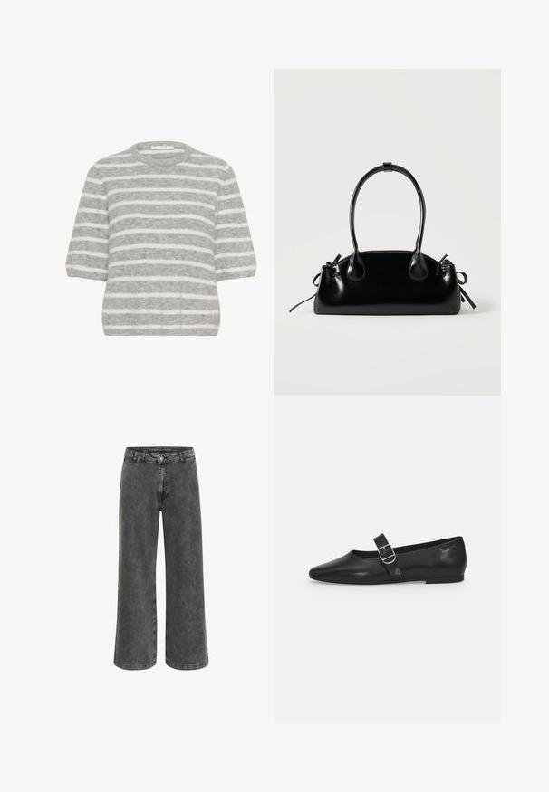 Grå og hvide stribede strikkede sweater med korte ærmer, rund hals og en blød, fnugget tekstur. Har skiftevis tykke og tynde striber.; Bredde bukser i falmet sort denim med en klassisk knaplukning, fem lomme-design og en let tekstureret finish.; Sorte læder flade sko med rund tå, et enkelt justerbart spænde og en glat, blank overflade. Minimalistisk design med en lav hæl.; Lille sort blank håndtaske med to lange håndtag og snøre-detaljer i siden på en ensfarvet lys baggrund.