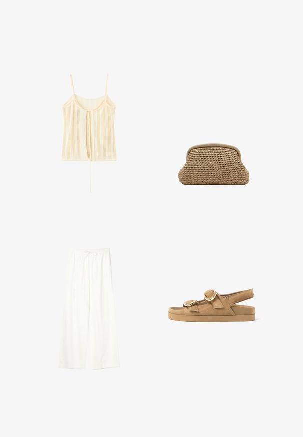 Débardeur en maille crème avec fines bretelles, rayures verticales en maille ouverte et un détail noué à l'avant qui pend librement.; Pantalon blanc à jambes larges avec taille élastique et cordon de serrage, en tissu léger.; Sandale plate en daim beige avec deux larges brides dotées de boucles dorées et une bride arrière réglable sur une semelle épaisse en caoutchouc.; Pochette tissée beige avec un bord supérieur arrondi et un extérieur doux et texturé, présentée sur un fond blanc.