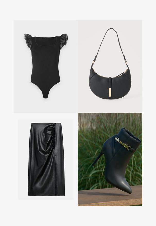 Sort tætsiddende bodysuit med firkantet halsudskæring og gennemsigtige flæseærmer, præsenteret fladt på en hvid baggrund.; Sort læderskirt med en glat overflade, der har en indsamlet sektion på den ene side og en skråning på siden for ekstra detaljer.; Sorte højhælede ankelstøvler med spids tå og guldspænde, præsenteret på en træoverflade med grønne planter i baggrunden.; Sort håndtaske formet som en halvmåne med en enkelt rem, guld lynlås og en guldfarvet rektangulær dekorativ fane foran.