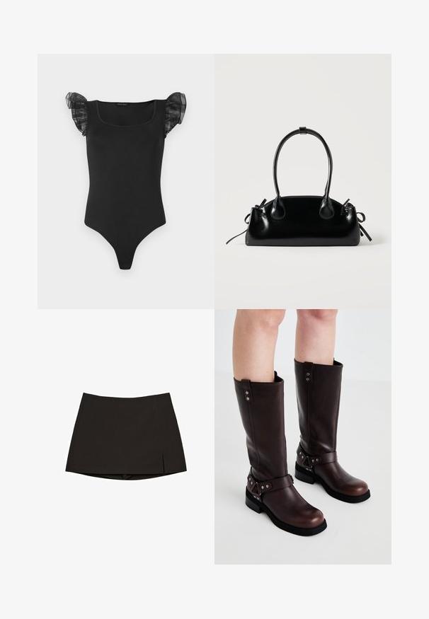 Bodysuit ajusté noir avec décolleté carré et manches courtes en voile froncé, présenté à plat sur un fond blanc.; Mini-jupe noire en tissu lisse, avec une coupe droite, des fentes latérales et un ourlet net. Simple et polyvalente.; Bottines en cuir marron jusqu'aux genoux avec une texture lisse, dotées d'une large sangle et d'accents en métal triangulaires, semelles en caoutchouc plates.; Petit sac à main noir brillant avec deux longues anses et des détails à cordon sur les côtés sur un fond clair uni.