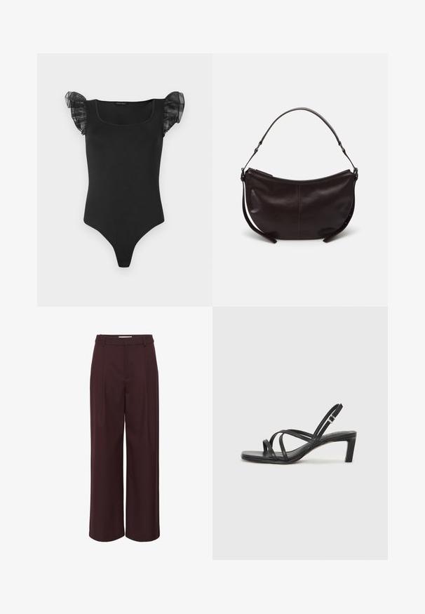 Bodysuit negro ajustado con escote cuadrado y mangas cortas transparentes con volantes, mostrado plano sobre un fondo blanco.; Pantalones de pierna ancha en burdeos profundo, fabricados con una tela suave. Presentan una cintura alta con pliegues y simples pasadores para un look ajustado.; Sandalia negra de tiras con punta cuadrada y tacón bajo de bloque. Presenta múltiples tiras delgadas y una correa ajustable en el tobillo. Fabricada en cuero suave.; Bolso de hombro de cuero marrón oscuro con forma curvada, textura suave y una sola correa ajustable. Cuenta con un cierre de cremallera.