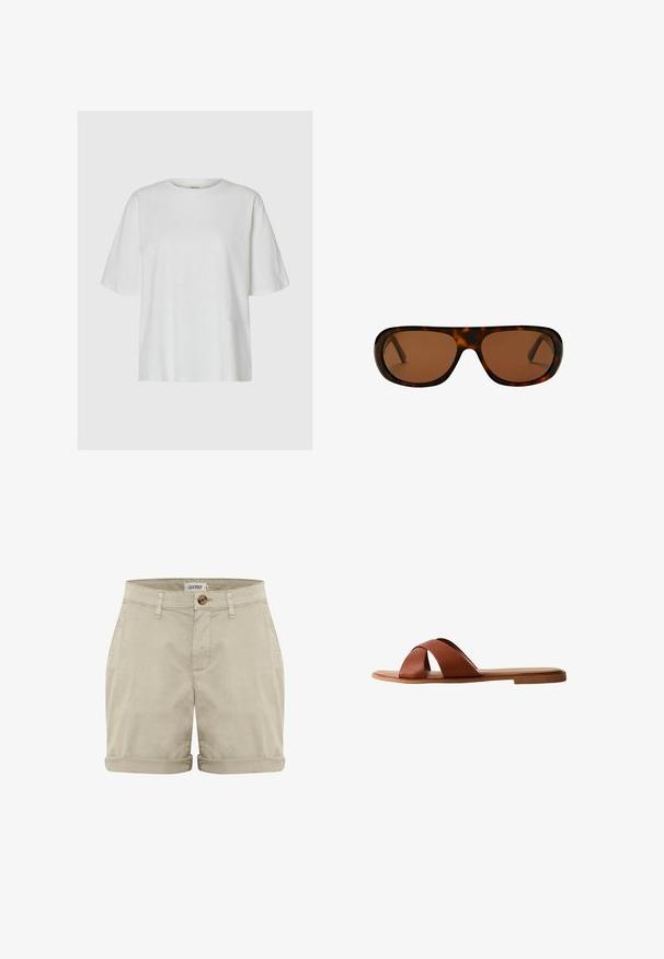 Simpel hvid t-shirt med korte ærmer og rund hals, vist på en grå baggrund uden synlige mønstre eller logoer.; Beige bomuldsshorts med oprevet kant, med en frontknaplukning og syede lommer. Glat tekstur med minimal dekoration.; Brun læder slidesandal med krydsstropdesign. Flad sål med en glat finish og minimalistisk stil. Ingen synlige beslag eller accenter.; Rektangulære skildpadde-solbriller med brune tonede linser og en tyk ramme.