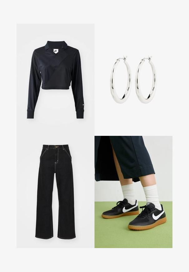Schwarzes langärmliges, cropped Polo-Shirt mit V-Ausschnitt, diagonaler Nahtgestaltung, glatter Textur und einem Nike-Logo auf dem Ärmel.; Schwarze Jeans mit weitem Bein aus Denim. Verfügt über kontrastierende weiße Nähte, Vordertaschen und einen Knopfverschluss in der Taille.; Schwarze Leder- und synthetische Sneakers mit weißem Nike-Swoosh, Gummisohle, runder Spitze und schwarzen Schnürsenkeln. Gestreifte weiße Socken sind sichtbar.; Silberne Creolen mit einer glatten, glänzenden Oberfläche. Kreisform, ausgestattet mit einem sicheren Verschluss. Einfaches und elegantes Design.