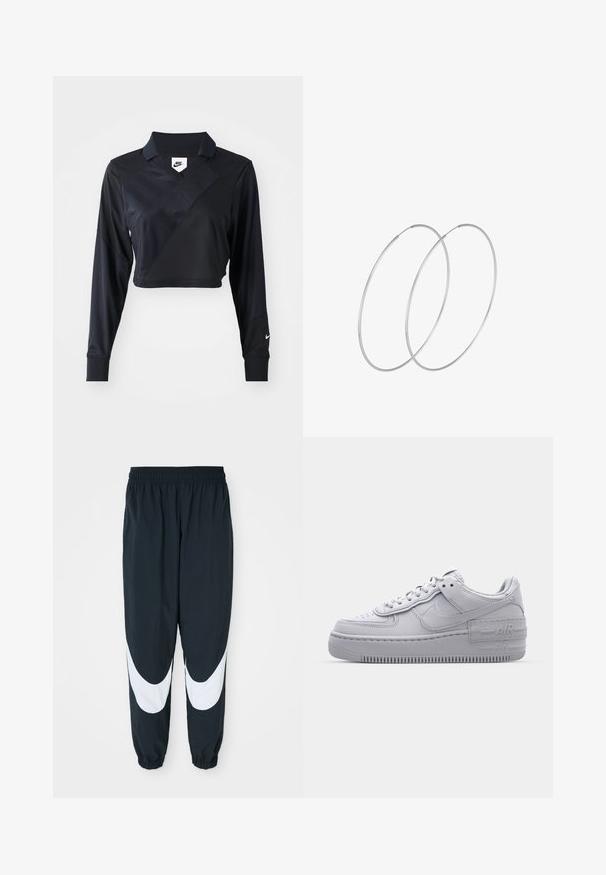 Schwarzes langärmliges, cropped Polo-Shirt mit V-Ausschnitt, diagonaler Nahtgestaltung, glatter Textur und einem Nike-Logo auf dem Ärmel.; Schwarze Jogginghose mit weißen, gewölbten Einsätzen, elastischem Bund und gerafften Säumen, aus leichtem Stoff und mit lockerer Passform.; Graue Nike Air Force 1 Sneaker mit perforierter Zehenpartie, Obermaterial aus glattem Leder, dicker Sohle und geprägtem 'AIR'-Detail an der Ferse.; Silberne Creolen mit minimalistischem Design. Rundform, glatte Oberfläche und dünnes Profil. Leichtgewichtig mit hochglänzender Oberfläche.