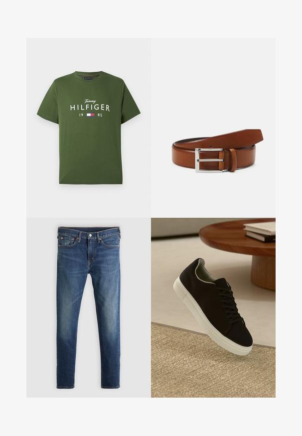 Grünes Baumwoll-T-Shirt mit kurzen Ärmeln, das weißen Text "Tommy HILFIGER 1985" und ein kleines farbiges Flaggen-Icon darunter zeigt.; Dunkelblaue Jeans aus Denim, schmal geschnitten, mit Knopfleiste, fünf Taschen und leichter Verblassung an den Oberschenkeln. Kontrastnähte überall.; Schwarze Sneakers mit weißer Sohle, die über einem beige strukturierten Teppich schweben, in der Nähe eines runden Holztisches mit gestapelten Büchern.; Brauner Leder Gürtel mit glatter Textur, ausgestattet mit einer rechteckigen Metall-Schnalle in Silber und einem zulaufenden Ende.