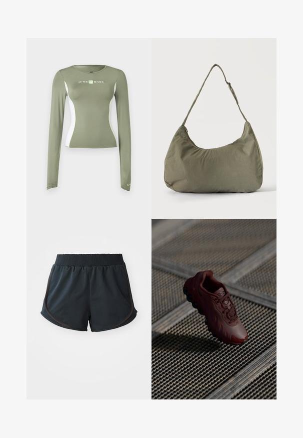 Õlivärvi rohelise pika varrukaga Nike Shox topp, valgete külgpaneelide ja neoonroheliste aktsentidega, keha järgiva lõikega ning väikese Swooshi logoga varruka mansetil.; Mustad mustad spordilühik, millel on soonikuga vöökoht, külgõmblused ja pruunid aktsendid, valmistatud kergest ja siledast kangast.; Burgundi värvi spordijalats, millel on tekstuuriga pealis, silmapaistvad nöörid ja nähtavad õhkpadjad. Omab elegantseid jooni ja läikivat sääreosa.; Õlakott pehmest oliivrohelisest kangast, lukuga sulgemine ja reguleeritav rihm, ühtlasel heledal taustal.