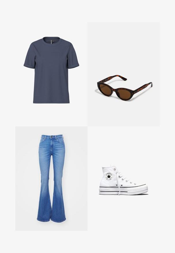 T-shirt en coton bleu à manches courtes avec revers roulés et col rond, présenté sur un fond blanc.; Jean claires à pattes d'éléphant en denim, présentant une taille haute, cinq poches et un léger dégradé vers l'ourlet. Fermeture par un bouton en métal argenté.; Baskets montantes blanches Converse Chuck Taylor All Star avec patch logo noir et lacets blancs, présentées sur fond blanc.; Lunettes de soleil en écaille de tortue marron avec une forme vintage de lunettes cat-eye et des verres marron. Présente des branches courbées avec des accents rouges.