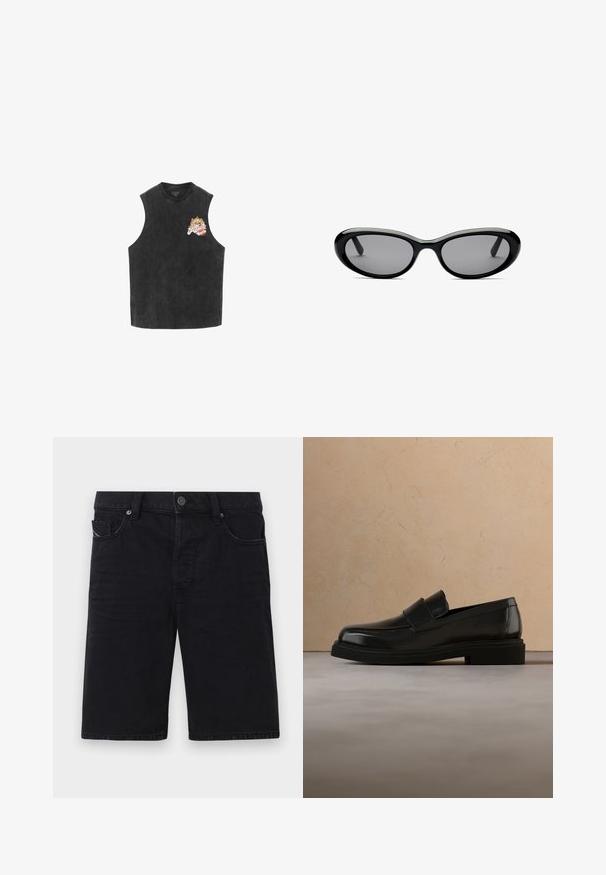 Sort ærmeløs top med farverigt blomster "AllSaints Rock" logo på øverste venstre bryst, med en let falmet stoftekstur.; Sorte denim shorts med lige snit, fem lommer, metal detaljer og synlige søm. Blød tekstur og enkelt design.; Sort læderloafer svæver over et beige tekstureret tæppe, med et rundt træ-sofabord og bøger i baggrunden.; Sorte ovale solbriller med mørke tonede linser og tykke skinnende stel, vist forfra på en hvid baggrund.