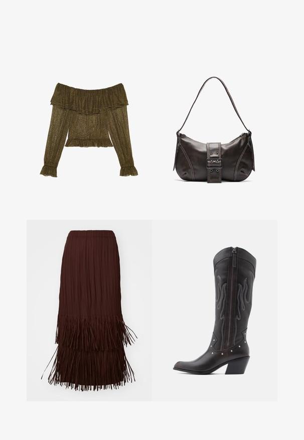Olijfgroen off-the-shoulder blouse met lange mouwen, ruches bij de hals en manchetten, lichtgewicht doorzichtig materiaal en een uitlopende zoom.; Bruine geplooide midi-rok met gelaagde franjerand, voorzien van een elastische tailleband en een luchtige textuur.; Bruine leren cowboylaarzen met vlamstiksels, zijrits, zilveren studs, spits toelopende neus en gestapelde hak.; Bruine leren schoudertas met een gebogen vorm, voorzien van een opvallende gespdetail, contrasterende stiksels en een enkele schouderband.