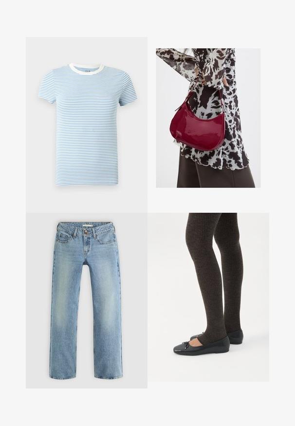 Korte mouwen T-shirt met lichtblauwe en witte horizontale strepen en een witte ronde halslijn.; Lichtblauwe rechte jeans van denim, met een knoopsluiting, vijf zakken en subtiele vervaging langs de benen.; Benen met donkere geribbelde leggings gecombineerd met zwarte ballerina's met kleine strikdetails op een witte achtergrond.; Vrouw met een zwart-wit gebloemde blouse houdt een glanzende rode schoudertas vast tegen een effen achtergrond.