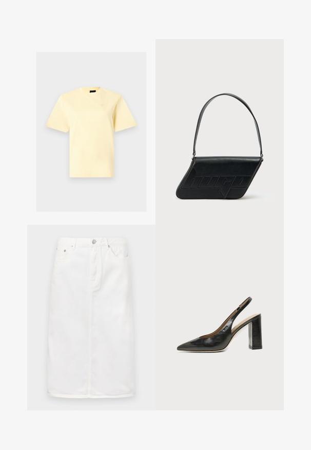T-shirt jaune pâle à manches courtes et col rond avec un petit logo brodé sur la poitrine gauche, présenté sur un fond gris clair.; Jupe en denim blanc avec fermeture éclair sur le devant, design à cinq poches et silhouette droite avec des accents de couture.; Chaussure slingback en cuir noir à bout pointu avec un talon bloc haut et une doublure intérieure beige sur un fond clair uni.; Sac d'épaule en cuir noir de forme triangulaire, avec un logo embossé et une seule bandoulière réglable. Design minimaliste avec une texture lisse.
