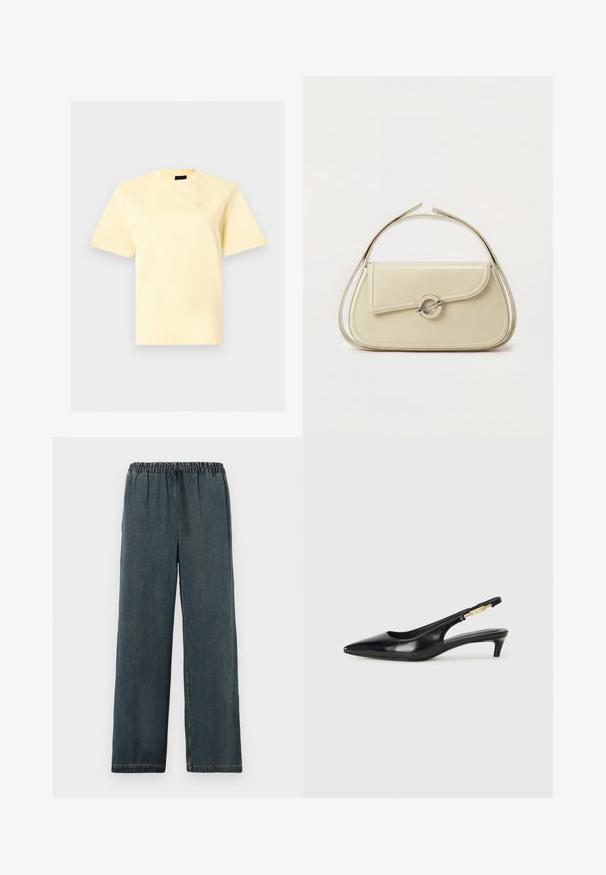 T-shirt jaune pâle à manches courtes et col rond avec un petit logo brodé sur la poitrine gauche, présenté sur un fond gris clair.; Pantalons en denim bleu marine avec une taille élastique et un cordon de serrage. Design à jambe large avec des ourlets finis et une surface lisse et texturée.; Talons hauts en cuir noir avec un bout pointu, dotés d'un talon fin et d'un accent en ton or sur la lanière réglable. Texture lisse.; Sac à main en cuir crème avec rabat incurvé, fermoir circulaire en argent et poignée courte sur le dessus, sur fond blanc uni.