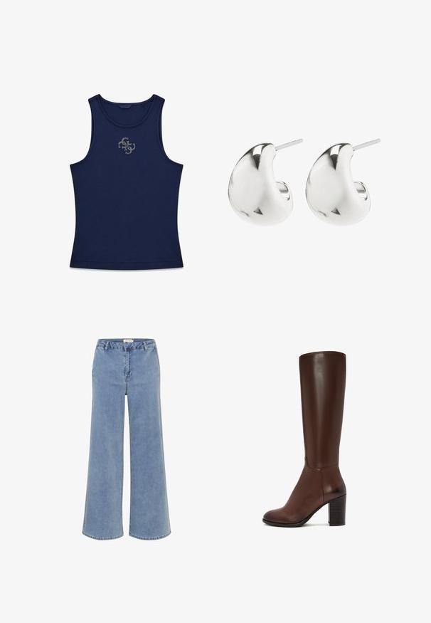 Mørkeblå ribbet ærmeløs tanktop med rund halsudskæring og lille sølv farvet rhinstenlogo placeret midt på brystet.; Breddejeans lavet af lyseblå denim. Har et klassisk fem-lommers design, bæltestropper og diskrete syninger. Raw hem finish ved anklerne.; Brune læder knæhøje støvler med en glat overflade, rund tå og en kraftig, ribbet høj hæl. Minimalistisk design uden udsmykninger.; Sølv stud øreringe med et glat, buet design. De har en poleret overflade og en stift, der sikrer sikker bæring.
