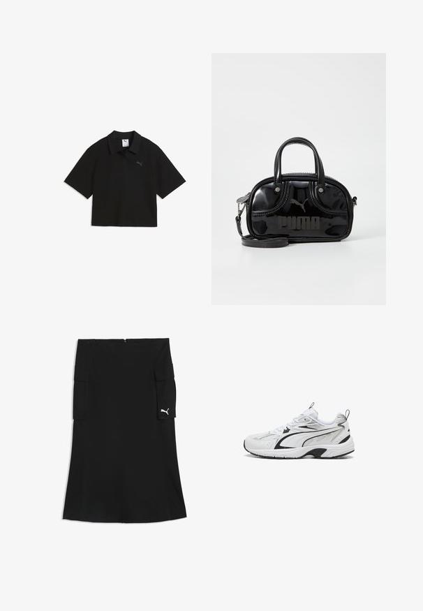 Sort kortærmet cropped poloshirt med krave og svagt Puma-logo på brystet, vist på hvid baggrund.; Sort nederdel til knæet med cargolommer på begge sider og et lille hvidt Puma-logo på højre lommeflap.; Hvide og sorte atletiske sneakers med mesh- og læderdetaljer, snørebåndslukning og tyk polstret sål på en hvid baggrund.; Sort lakeret håndtaske med dobbelte top-håndtag, aftagelig skulderrem, rund form og et fremtrædende præget "PUMA"-logo.