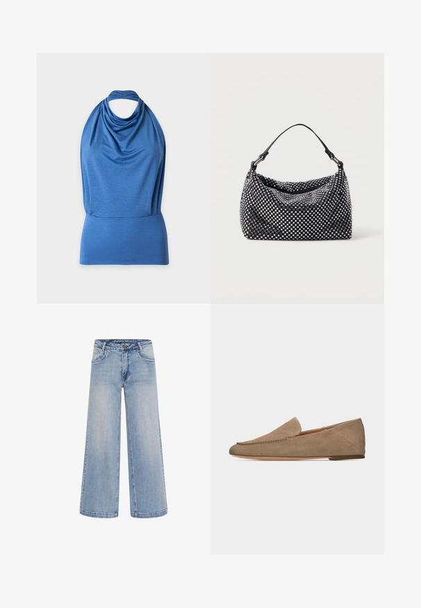 Blå ærmeløs h haltertop med draperet stof og bred pasformet talje på en ensfarvet baggrund.; Lyseblå brede jeans med høj talje, fem lommer og kontrastsyninger. Fremstillet af denim med en glat tekstur.; Lysebrun ruskinds loafers med glid-på model, flad sål og minimal syningsdetalje, vist i profil mod en ensfarvet baggrund.; Sort og sølv håndtaske med en vævet, struktureret overflade med firkantede mønstre, en enkel top håndtag og et slasket design.