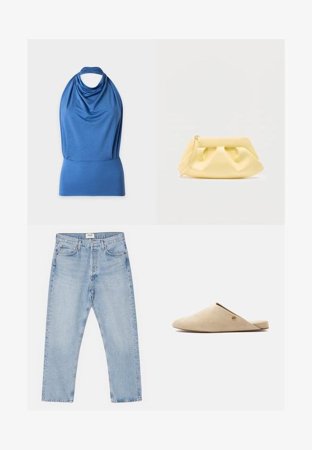 Sinine varrukateta halter-seljaga top, volditud kangaga ja laia istuva vööga ühevärvilisel taustal.; Heledad sinine teksapüksid klassikalise sirge lõikega, viie tasku ja nupuga esiosa, millel on kerge kulumus ja vastupidav tekstuur.; Beežid libisevad tasased jalatsid terava kandaga ja külje peal väikese ümmarguse kuldse logoga, valgel ühtlasel taustal.; Pehme kollast nahast õlavarrega klapikott, millel on kogutud detailid ja õhuke randmerihm, ühtlasel heledal taustal.