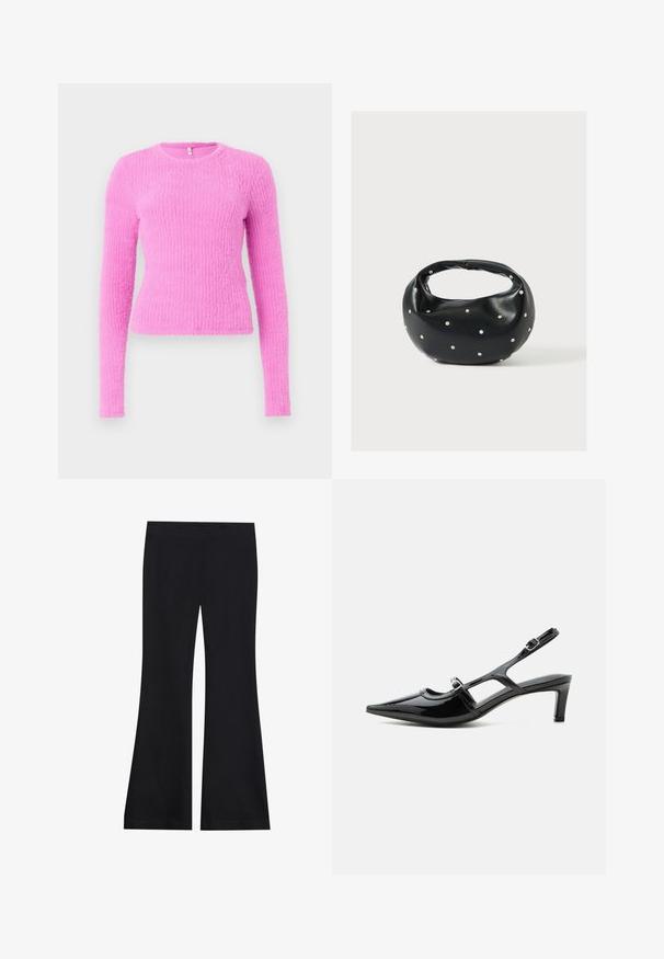 Suéter rosa de manga larga hecho de un tejido texturizado. Presenta un escote redondo y una silueta ajustada, con un patrón acanalado en toda su extensión.; Pantalones acampanados negros hechos de una tela suave y elástica; cuentan con una cinturilla lisa y un diseño de pierna ancha; acabado sin costuras en todo.; Zapato slingback de charol negro con punta puntiaguda, tacón bajo y dos correas ajustables con hebillas, mostrado de perfil lateral.; Bolso de mano de cuero negro con forma redondeada, decorado con detalles de tachuelas plateadas y un asa corta. Textura lisa y cierre con cremallera.