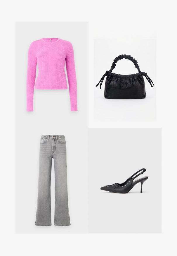 Suéter rosa de manga larga hecho de un tejido texturizado. Presenta un escote redondo y una silueta ajustada, con un patrón acanalado en toda su extensión.; Jeans de mezclilla gris de campana con una cintura alta, bolsillos delanteros, trabillas para el cinturón y un sutil diseño descolorido, presentados sobre un fondo blanco.; Sandal de tacón stiletto negro de cuero con punta afilada, correa lateral con hebilla, tachuelas a lo largo del borde y cordones decorativos en la parte delantera.; Bolso negro con textura de cocodrilo, borde superior fruncido, asa recogida y cordones con borlas en cada lado sobre un fondo blanco.