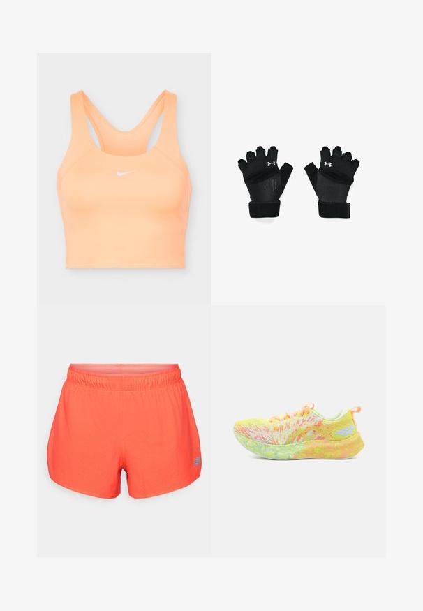 Sujetador deportivo Nike de color melocotón con diseño de espalda cruzada y logo blanco de Nike centrado en el frente.; Bermudas de running para hombre en un vibrante color coral, fabricadas con un tejido transpirable y texturizado con perforaciones. Cuentan con una cintura elástica y un acento del logo en azul.; ASICS NOOSA TRI 16 - Zapatillas running asfalto - safety yellow/cool matcha; Guantes de entrenamiento negros con diseño de dedos abiertos, costuras reforzadas, palma acolchada y correas ajustables en la muñeca. Presenta un acento de logo plateado.