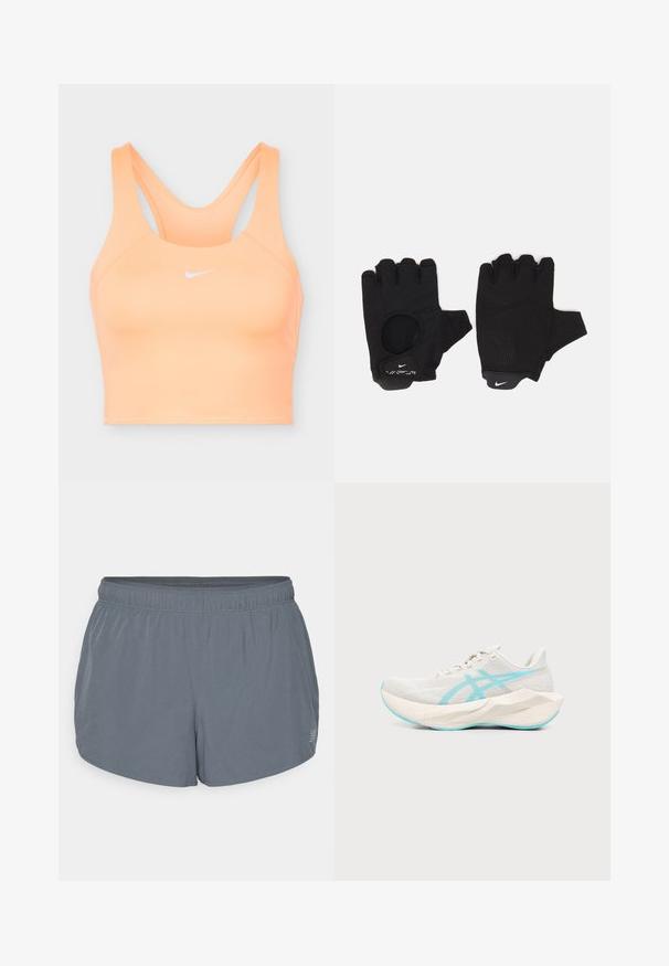 Sports-bh fra Nike i ferskenfarve med racerback-design og hvid Nike swoosh-logo midt på fronten.; Grå athletic shorts med en blød tekstur, elastisk talje og en let buet kant. Har små perforeringer for åndbarhed.; Lyse beige løbesko med tyk geometrisk sål og lyseblå accentlinjer og ydersål, vist fra siden mod hvid baggrund.; Sorte fingerløse handsker med et tekstureret design. Lavet af et åndbart materiale, med en tommelfingeråbning og forstærket håndflade for bedre greb.