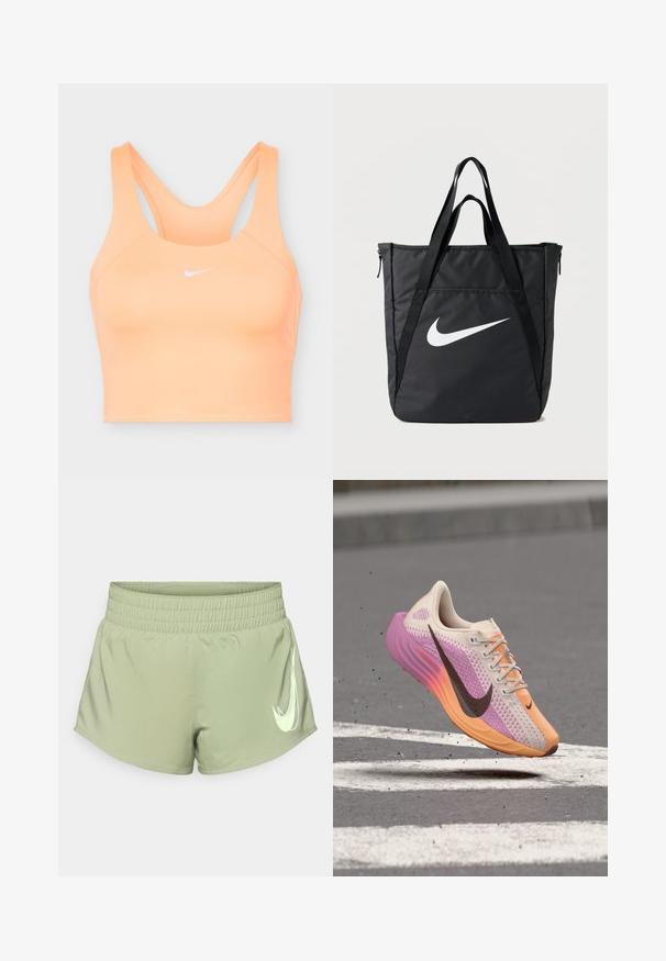 Nike-Sport-BH in Pfirsichfarbe mit Racerback-Design und weißem Nike-Swoosh-Logo mittig auf der Vorderseite.; Helle grüne Sportshorts mit einem elastischen Bund, die auf der unteren rechten Seite ein auffälliges weißes Nike-Swoosh-Logo zeigen.; Leichter Laufschuh mit rosa-orange-beigem Farbverlauf im Strickdesign, schwarzer Nike-Swoosh, schwebt über rauem Asphalt mit weißen Straßenmarkierungen.; Schwarze Nylon-Umhängetasche mit zwei Schulterriemen, einem großen weißen Nike-Logo, Reißverschluss und einem schlanken rechteckigen Design.